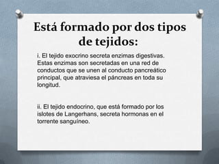 Está formado por dos tipos
de tejidos:
i. El tejido exocrino secreta enzimas digestivas.
Estas enzimas son secretadas en una red de
conductos que se unen al conducto pancreático
principal, que atraviesa el páncreas en toda su
longitud.
ii. El tejido endocrino, que está formado por los
islotes de Langerhans, secreta hormonas en el
torrente sanguíneo.
 