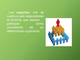 Los expertos, son de
cuatro a seis especialistas
en el tema, que desean
participar
consultores de
como
un
determinado organismo.
 