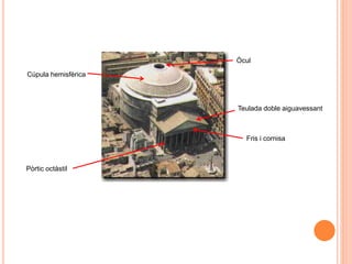 Teulada doble aiguavessant
Òcul
Cúpula hemisfèrica
Pòrtic octàstil
Fris i cornisa
 