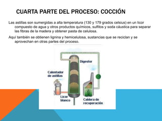 CUARTA PARTE DEL PROCESO: COCCIÓN 
Las astillas son sumergidas a alta temperatura (130 y 179 grados celsius) en un licor 
compuesto de agua y otros productos químicos, sulfitos y soda cáustica para separar 
las fibras de la madera y obtener pasta de celulosa. 
Aquí también se obtienen lignina y hemicelulosa, sustancias que se reciclan y se 
aprovechan en otras partes del proceso. 
 