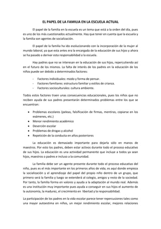 El papel de la familia en la escuela actual | DOCX