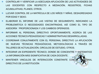 CONTROLAR Y VERIFICAR LA ADECUADA APLICACIÓN DE LAS ACTIVIDADES DE LAS DOCENTES CON RESPECTO A MEDIACIÓN, REGISTROS, FICHAS ACUMULATIVAS, PLANES, OTROS. LLEVAR CONTROL DE LA MATRÍCULA DE LOS NIÑOS Y NIÑAS, DESAGREGADAS POR EDAD Y SEXO. ELABORAR EL INFORME DE LAS VISITAS DE SEGUIMIENTO, INDICANDO LA PROBLEMÁTICA O NECESIDADES ENCONTRADAS, ASÍ COMO EL TIPO DE ASESORÍA ` PROPORCIONADA Y LOS CAMBIOS OPERADOS. INFORMAR AL PERSONAL DIRECTIVO OPORTUNAMENTE, ACERCA DE LAS ACCIONES TÉCNICO-PEDAGÓGICAS Y ADMINISTRATIVAS DESARROLLADAS. COORDINAR CONJUTAMENTE CON EL PERSONAL DIRECTIVO LA APLICACIÓN DE NUEVAS TÉCNICAS PEDAGÓGICAS, METODOLÓGICAS A TRAVÉS DE TALLERES DE ACTUALIZACIÓN, CIRCULOS DE ESTUDIO, OTROS. INTEGRAR UN EXPEDIENTE TÉCNICO, DONDE SE CONCENTRE Y SISTEMATICE LA INFORMACIÓN MÁS SIGNIFICATIVA DE CADA DOCENTE. MANTENER VINCULOS DE INTERACCIÓN CONSTANTE CON EL PERSONAL DIRECTIVO DE LA INSTITUCIÓN 