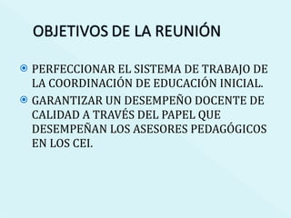PERFECCIONAR EL SISTEMA DE TRABAJO DE LA COORDINACIÓN DE EDUCACIÓN INICIAL. GARANTIZAR UN DESEMPEÑO DOCENTE DE CALIDAD A TRAVÉS DEL PAPEL QUE DESEMPEÑAN LOS ASESORES PEDAGÓGICOS EN LOS CEI. 