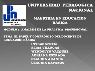 UNIVERSIDAD PEDAGOGICA
NACIONAL
MAESTRIA EN EDUCACION
BASICA
MODULO 1. ANÁLISIS DE LA PRACTICA PROFESIONAL
TEMA. EL PAPEL Y COMPROMISO DEL DOCENTE DE
EDUCACIÓN BÁSICA
INTEGRANTES:
ELIAS VILLEGAS
WENDOLYN VÁZQUEZ
ADRIANA ESTRADA
CLAUDIA ARANDA
CLAUDIA CAVAZOS
 