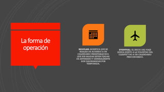 Laformade
operación REGULAR: SIGNIFICA QUE SE
REALIZA DE ACUERDO A UN
CALENDARIO PREESTABLECIDO,
QUE SUS SALIDAS ESTÁN FIJADAS
DE ANTEMANOY GENERALMENTE
SON DIAGRAMADAS POR
TEMPORADA.
EVENTUAL: EL INICIO DEL VIAJE
QUEDA SUJETO A LA VOLUNTAD DEL
CLIENTE Y NO A UN CALENDARIO
PRECONCEBIDO.
 