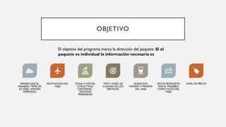 OBJETIVO
IMAGEN QUE EL
PASAJERO TIENE DE
SU VIAJE ( IMAGEN
ESPERADA)
MOTIVACION DEL
VIAJE
ZONA A VISITAR,
ATRACTIVOS
CENTRAKES ,
DESTINOS
PREFERIDOS
TIPO Y NIVEL DE
CALIDAD DE LOS
SERVICIOS
DURACION
MÁXIMA Y MINISMA
DEL VIAJE
FECHA PROPUESTA
POR EL PASAJERO
COMO INICIO DEL
VIAJE
NIVEL DE PRECIO
El objetivo del programa marca la dirección del paquete. Si el
paquete es individual la información necesaria es
 