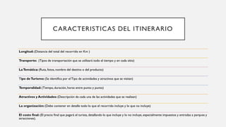 CARACTERISTICAS DEL ITINERARIO
Longitud: (Distancia del total del recorrido en Km )
Transporte: (Tipos de transportación que se utilizará todo el tiempo y en cada sitio)
LaTemática: (Ruta, fotos, nombre del destino o del producto)
Tipo deTurismo: (Se identifica por el Tipo de actividades y atractivos que se visitan)
Temporalidad: (Tiempo,duración, horas entre punto y punto)
Atractivos y Actividades: (Descripción de cada una de las actividades que se realizan)
La organización: (Debe contener en detalle todo lo que el recorrido incluye y lo que no incluye)
El costo final: (El precio final que pagará el turista, detallando lo que incluye y lo no incluye, especialmente impuestos y entradas a parques y
atracciones).
 