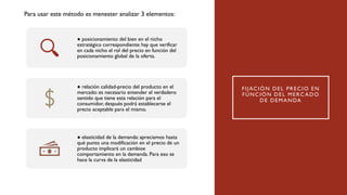 FIJACIÓN DEL PRECIO EN
FUNCIÓN DEL MERC ADO
DE DEMANDA
● posicionamiento del bien en el nicho
estratégico correspondiente: hay que verificar
en cada nicho el rol del precio en función del
posicionamiento global de la oferta.
● relación calidad-precio del producto en el
mercado: es necesario entender el verdadero
sentido que tiene esta relación para el
consumidor, después podrá establecerse el
precio aceptable para el mismo.
● elasticidad de la demanda: apreciamos hasta
qué punto una modificación en el precio de un
producto implicará un cambioe
comportamiento en la demanda. Para eso se
hace la curva de la elasticidad
Para usar este método es menester analizar 3 elementos:
 