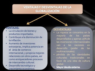 VENTAJAS:
• La circulación de bienes y
productos importados.
• Contribuye a la disminución de
la inflación.
• Aumento de inversiones
extranjeras, implica potencia en
el área de comercio
internacional, y propicia mejores
relaciones con otros países, así
como enriquecedores procesos
de intercambio cultural.
• Desarrollo tecnológico y
crecimiento económico.
DESVENTAJAS:
• La riqueza se concentra en la
mayoría de los países
desarrollados y apenas 25% de
las inversiones internacionales
van a las naciones en
desarrollo (poder de las
multinacionales).
• pérdida de las identidades
culturales tradicionales en
favor de una idea de cultura
global.
 