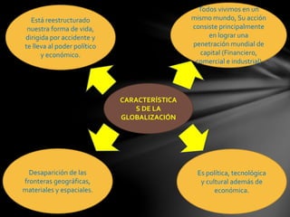 CARACTERÍSTICA
S DE LA
GLOBALIZACIÓN
Está reestructurado
nuestra forma de vida,
dirigida por accidente y
te lleva al poder político
y económico.
Todos vivimos en un
mismo mundo, Su acción
consiste principalmente
en lograr una
penetración mundial de
capital (Financiero,
comercial e industrial)
Es política, tecnológica
y cultural además de
económica.
Desaparición de las
fronteras geográficas,
materiales y espaciales.
 