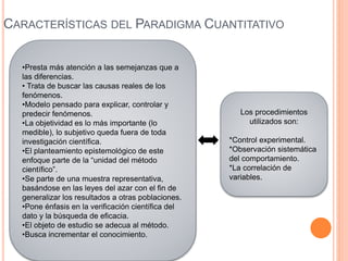 CARACTERÍSTICAS DEL PARADIGMA CUANTITATIVO
•Presta más atención a las semejanzas que a
las diferencias.
• Trata de buscar las causas reales de los
fenómenos.
•Modelo pensado para explicar, controlar y
predecir fenómenos.
•La objetividad es lo más importante (lo
medible), lo subjetivo queda fuera de toda
investigación científica.
•El planteamiento epistemológico de este
enfoque parte de la “unidad del método
científico”.
•Se parte de una muestra representativa,
basándose en las leyes del azar con el fin de
generalizar los resultados a otras poblaciones.
•Pone énfasis en la verificación científica del
dato y la búsqueda de eficacia.
•El objeto de estudio se adecua al método.
•Busca incrementar el conocimiento.
Los procedimientos
utilizados son:
*Control experimental.
*Observación sistemática
del comportamiento.
*La correlación de
variables.
 