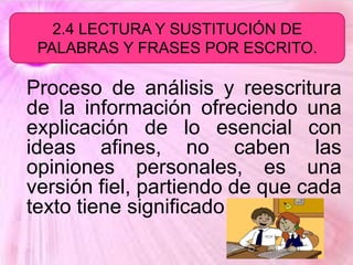 Proceso de análisis y reescritura
de la información ofreciendo una
explicación de lo esencial con
ideas afines, no caben las
opiniones personales, es una
versión fiel, partiendo de que cada
texto tiene significado y forma.
2.4 LECTURA Y SUSTITUCIÓN DE
PALABRAS Y FRASES POR ESCRITO.
 