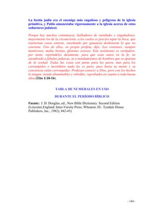 - 144 -
La bestia judía era el enemigo más engañoso y peligroso de la iglesia
primitiva, y Pablo amonestaba vigorosamente a la iglesia acerca de estos
seductores judaicos:
Porque hay muchos contumaces, habladores de vanidades y engañadores,
mayormente los de la circuncisión, a los cuales es preciso tapar la boca; que
trastornan casas enteras, enseñando por ganancia deshonesta lo que no
conviene. Uno de ellos, su propio profeta, dijo: Los cretenses, siempre
mentirosos, malas bestias, glotones ociosos. Este testimonio es verdadero;
por tanto, repréndelos duramente, para que sean sanos en la fe, no
atendiendo a fábulas judaicas, ni a mandamientos de hombres que se apartan
de la verdad. Todas las cosas son puras para los puros, mas para los
corrompidos e incrédulos nada les es puro; pues hasta su mente y su
conciencia están corrompidas. Profesan conocer a Dios, pero con los hechos
lo niegan, siendo abominables y rebeldes, reprobados en cuanto a toda buena
obra (Tito 1:10-16).
TABLA DE NUMERALES EN USO
DURANTE EL PERÍODO BÍBLICO
Fuente: J. D. Douglas, ed., New Bible Dictionary. Second Edition
(Leicester,England: Inter-Varsity Press; Wheaton, Ill.: Tyndale House
Publishers, Inc., 1982), 842-43).
 