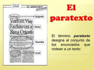 Título del
periódico
Sumilla
El
paratexto
El término paratexto
designa al conjunto de
los enunciados que
rodean a un texto:
 