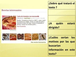 ¿Sobre qué tratará el
texto ?
¿A quién estará
dirigido?
¿Cuáles serían los
motivos por las que
buscarían
información en este
texto?
 
