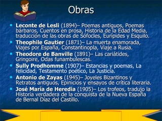 Obras Leconte de Lesli  (1894)– Poemas antiguos, Poemas bárbaros, Cuentos en prosa, Historia de la Edad Media, traducción de las obras de Sófocles, Eurípides y Esquilo.  Theophile Gautier  (1871)– La muerta enamorada, Viajes por España, Constantinopla, Viaje a Rusia. Theodore de Banville  (1891)– Las cariátides, Gringoire, Odas funambulescas. Sully Prodhomme  (1907)– Estancias y poemas, La felicidad, Testamento poético, La Justicia.  Antonio de Zayas  (1945)– Joyeles Bizantinos y Retratos antiguos, Epinicios y ensayos de crítica literaria. José María de Heredia  (1905)– Los trofeos, tradujo la Historia verdadera de la conquista de la Nueva España de Bernal Díaz del Castillo.   