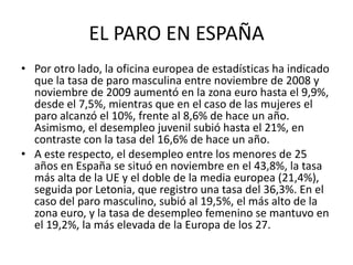 EL PARO EN ESPAÑAPor otro lado, la oficina europea de estadísticas ha indicado que la tasa de paro masculina entre noviembre de 2008 y noviembre de 2009 aumentó en la zona euro hasta el 9,9%, desde el 7,5%, mientras que en el caso de las mujeres el paro alcanzó el 10%, frente al 8,6% de hace un año. Asimismo, el desempleo juvenil subió hasta el 21%, en contraste con la tasa del 16,6% de hace un año.A este respecto, el desempleo entre los menores de 25 años en España se situó en noviembre en el 43,8%, la tasa más alta de la UE y el doble de la media europea (21,4%), seguida por Letonia, que registro una tasa del 36,3%. En el caso del paro masculino, subió al 19,5%, el más alto de la zona euro, y la tasa de desempleo femenino se mantuvo en el 19,2%, la más elevada de la Europa de los 27.