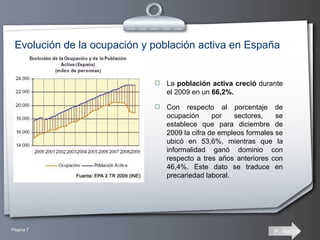 Evolución de la ocupación y población activa en España La  población activa   creció  durante el 2009 en un  66,2%. Con respecto al porcentaje de ocupación por sectores, se establece que para diciembre de 2009 la cifra de empleos formales se ubicó en 53,6%, mientras que la informalidad ganó dominio con respecto a tres años anteriores con 46,4%. Este dato se traduce en precariedad laboral.  