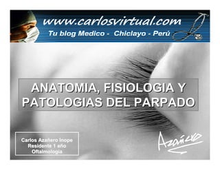 ANATOMIA, FISIOLOGIA Y
PATOLOGIAS DEL PARPADO

Carlos Azañero Inope
  Residente 1 año
    Oftalmología       Dr. Carlos Augusto Azañero Inope
                             www.carlosvirtual.com
 