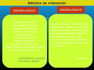 Métodos de ordenación
CRONOLÓGICO CRONOLÓGICO
La Bella Durmiente cierra
los ojos pero no duerme.
Está esperando al Príncipe.
Y cuando lo oye acercarse
simula un sueño
todavía más profundo.
Nadie se lo ha dicho
pero ella lo sabe. Sabe que
ningún príncipe pasa junto a una mujer
que tenga los ojos bien abiertos.
“La bella durmiente y el príncipe”
Marco Denevi, Argentina
Hace unos años, -no importa cuántos
exactamente-, teniendo poco o ningún
dinero en el bolsillo y nada en particular
que me interesara en tierra, pensé en
irme a navegar un poco por ahí,
para ver la parte acuática del mundo.
Es un modo que tengo de echar fuera
la melancolía.
Herman Merville
 