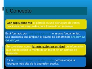 I. Concepto
Conceptualmente el párrafo es una estructura de varias
oraciones que van unidas para transmitir un mensaje.
Está formado por una idea central o asunto fundamental.
Las oraciones que amplían el asunto se denominan oraciones
de apoyo.
Se considera como la más extensa unidad de información
que puede recibir la mente de un lector sin un cambio de
dirección.
Es la unidad estructural del texto porque ocupa la
jerarquía más alta de la expresión escrita.
 