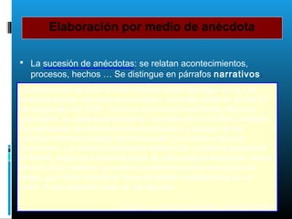 Elaboración por medio de anécdota
 La sucesión de anécdotas: se relatan acontecimientos,
procesos, hechos … Se distingue en párrafos narrativos.
La ambulancia se llevó a Pablo Neruda hacia Santiago. En la ruta,
tuvo que sortear barreras de la policía y controles militares. El día 23
de septiembre de 1973, murió en la Clínica Santa María. Mientras
agonizaba, su casa de la capital en una falda del cerro San Cristóbal
fue saqueada, los vidrios fueron destrozados, y el agua de las
cañerías abiertas produjo una inundación. Lo velaron entre los
escombros. La noche de primavera estaba fría, y quienes guardaron
el féretro, bebieron sucesivas tazas de café hasta el amanecer. Hacia
las tres de la mañana, se sumó a la ceremonia una muchacha de
negro, que había burlado el toque de queda arrastrándose por el
cerro. Al día siguiente hubo un sol discreto.
El cartero de Neruda (fragmento), Antonio Skármeta
 