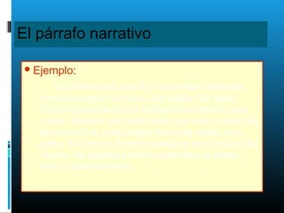El párrafo narrativo
Ejemplo:
La primera vez que la vi caminaba cabizbaja,
como buscando un trazo, una huella. Iba ligero.
Cruzó la planicie donde estaban levantando unas
casas. Pasaron dos días hasta que volví a verla. No
se acercó a la casa porque les tenía miedo a los
gatos. Era tímida. Prefirió quedarse en el balcón del
vecino. Allí pasaba hambre, pues solo le daban
leche ocasionalmente.
 
