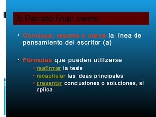 3) Párrafo final: cierre
 Concluye, resume o cierra la línea de
pensamiento del escritor (a)
 Fórmulas que pueden utilizarse
• reafirmar la tesis
• recapitular las ideas principales
• presentar conclusiones o soluciones, si
aplica
 
