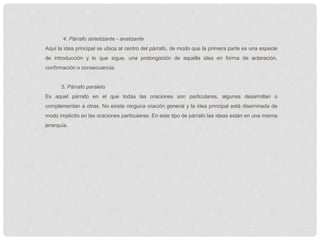 `4. Párrafo sintetizante - analizante
Aquí la idea principal se ubica al centro del párrafo, de modo que la primera parte es una especie
de introducción y lo que sigue, una prolongación de aquella idea en forma de aclaración,
confirmación o consecuencia.
5. Párrafo paralelo
Es aquel párrafo en el que todas las oraciones son particulares, algunas desarrollan o
complementan a otras. No existe ninguna oración general y la idea principal está diseminada de
modo implícito en las oraciones particulares. En este tipo de párrafo las ideas están en una misma
jerarquía.
 