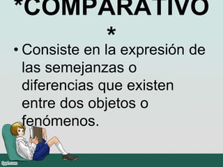 *COMPARATIVO
*• Consiste en la expresión de
las semejanzas o
diferencias que existen
entre dos objetos o
fenómenos.
 
