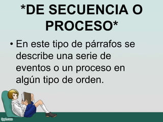 *DE SECUENCIA O
PROCESO*
• En este tipo de párrafos se
describe una serie de
eventos o un proceso en
algún tipo de orden.
 