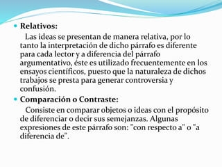  Relativos:
Las ideas se presentan de manera relativa, por lo
tanto la interpretación de dicho párrafo es diferente
para cada lector y a diferencia del párrafo
argumentativo, éste es utilizado frecuentemente en los
ensayos científicos, puesto que la naturaleza de dichos
trabajos se presta para generar controversia y
confusión.
 Comparación o Contraste:
Consiste en comparar objetos o ideas con el propósito
de diferenciar o decir sus semejanzas. Algunas
expresiones de este párrafo son: "con respecto a" o "a
diferencia de".
 
