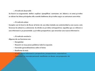 2. Párrafo de desarrollo
Su función es argumentar, definir, explicar, ejemplificar, contrastar, etc. Además, en estos párrafos
se ubican las ideas principales ello cuando hablamos de párrafos según su estructura semántica.
3. Párrafo de enlace
Cumplen con la función de llevar al lector de una idea tratada con anterioridad a una nueva, esto
favorece la cohesión y coherencia. Se divide en párrafos retrospectivos, aquellos que se refieren a
una información ya presentada, y párrafos prospectivos, que anuncian una nueva información.
4. Párrafo de conclusión
Algunas de sus funciones son:
• Recapitular
• Resumir en muy pocas palabras todo lo expuesto.
• Formular generalizaciones sobre el tema.
• Reafirmar la tesis.
• Añadir nueva información: perspectivas, prospecciones, expectativas.
• Comunicar un mensaje personal, manifestar un deseo, una propuesta, etc.
 