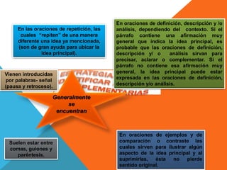 Generalmente
se
encuentran
En oraciones de ejemplos y de
comparación o contraste las
cuales sirven para ilustrar algún
aspecto de la idea principal y al
suprimirlas, ésta no pierde
sentido original.
En oraciones de definición, descripción y /o
análisis, dependiendo del contexto. Si el
párrafo contiene una afirmación muy
general que indica la idea principal, es
probable que las oraciones de definición,
descripción y/ o análisis sirvan para
precisar, aclarar o complementar. Si el
párrafo no contiene esa afirmación muy
general, la idea principal puede estar
expresada en las oraciones de definición,
descripción y/o análisis.
En las oraciones de repetición, las
cuales “repiten” de una manera
diferente una idea ya mencionada,
(son de gran ayuda para ubicar la
idea principal).
Vienen introducidas
por palabras- señal
(pausa y retroceso).
Suelen estar entre
comas, guiones y
paréntesis.
 