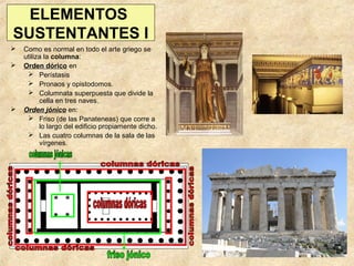 ELEMENTOS
SUSTENTANTES I





Como es normal en todo el arte griego se
utiliza la columna:
Orden dórico en
 Perístasis
 Pronaos y opistodomos.
 Columnata superpuesta que divide la
cella en tres naves.
Orden jónico en:
 Friso (de las Panateneas) que corre a
lo largo del edificio propiamente dicho.
 Las cuatro columnas de la sala de las
vírgenes.

 