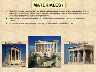 MATERIALES I





Se utilizó la mejor piedra de Atenas: el mármol pentélico, dotado de ricas tonalidades. Una vez
construido el edificio los muros y las columnas fueron pulidos como si se tratara de esculturas
para hacer desaparecer cualquier imperfección.
Se trata de un mármol obtenido de las canteras del monte Pentélico, situado al noreste de
Atenas.
Con este material se construyeron la mayoría de los edificios de la Acrópolis.

Templo de Atenea NIke

Tribuna de las cariátides

 