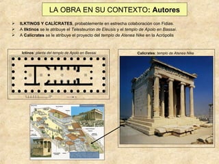 LA OBRA EN SU CONTEXTO: Autores




ILKTINOS Y CALÍCRATES, probablemente en estrecha colaboración con Fidias.
A Ilktinos se le atribuye el Telesteurion de Eleusis y el templo de Apolo en Bassai.
A Calícrates se le atribuye el proyecto del templo de Atenea Nike en la Acrópolis

Ictinos: planta del templo de Apolo en Bassai

Calicrates: templo de Atenea Nike

 