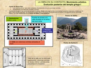 LA OBRA EN SU CONTEXTO: Movimiento artístico.
Evolución posterior del templo griego I




Templo de Atenea Alea:

Las columnas de la naos están adosadas directamente al muro y son todas corintias.

Superposición de columnas corintias y jónicas.
También en el siglo IV se construirán templos circulares, tholoi, con origen en los monumentos funerarios cretenses y micénicos. En
ellos, como en los anteriores, se combinará el orden dórico y el corintio, el primero para el exterior y el segundo para la columnata
interior. Los más interesantes son el tholos de Delfos y el de Epidauro.

Tholos de Delfos
Puertas de acceso a la
cella situadas en el centro
del muro norte.

3- Opistodomos
dístilo in antis

3

2

1

1- Pronaos
dístila in antis

2- Cella con columnas corintias adosadas al
muro

Vista de la cella con la columnata
superpuesta: columnas corintias
en el piso inferior y jónicas (más
pequeñas) en el superior.

Tholos de Epidauro

 