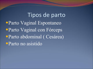 Tipos de parto Parto Vaginal Espontaneo Parto Vaginal con Fórceps Parto abdominal ( Cesárea)  Parto no asistido 
