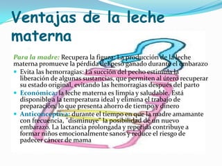 Ventajas de la leche
materna
Para la madre: Recupera la figura: La producción de la leche
materna promueve la pérdida del peso ganado durante el embarazo
 Evita las hemorragias: La succión del pecho estimula la
  liberación de algunas sustancias, que permiten al útero recuperar
  su estado original, evitando las hemorragias después del parto
 Económica: la leche materna es limpia y saludable. Está
  disponible a la temperatura ideal y elimina el trabajo de
  preparación, lo que presenta ahorro de tiempo y dinero
 Anticonceptiva: durante el tiempo en que la madre amamante
  con frecuencia, "disminuye" la posibilidad de un nuevo
  embarazo. La lactancia prolongada y repetida contribuye a
  formar niños emocionalmente sanos y reduce el riesgo de
  padecer cáncer de mama
 