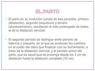 • El parto en su evolución consta de tres periodos: primero
  (dilatación), segundo (expulsivo) y tercero
  (alumbramiento), resultando el más prolongado de todos,
  el de la dilatación cervical.

• El segundo periodo se distingue entre periodo de
  latencia o preparto, en el que se producen los cambios
  en el cuello del útero que finalizan con su borramiento, e
  inicio de la dilatación cervical, y el periodo activo del
  parto, que es aquel que se prolonga desde los 3 cm de
  dilatación hasta la dilatación completa (10 cm).
 