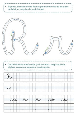 1
2
3
2
1
• Sigue la dirección de las flechas para formar dos de los trajes
de la letra r, mayúscula y minúscula.
• Copia las letras mayúsculas y minúsculas. Luego copia las
sílabas, como se muestran a continuación.
 