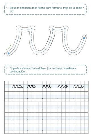 • Copia las sílabas con la doble r (rr), como se muestran a
continuación.
• Sigue la dirección de la flecha para formar el traje de la doble r
(rr).
2
1
 