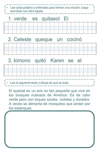• Lee el siguiente texto y dibuja de qué se trata.
1. verde es quitasol El
2. Celeste queque un cocinó
3. kimono quitó Karen se el
El quetzal es un ave no tan pequeña que vive en
los bosques nubosos de América. Es de color
verde pero con toques azules, violetas y dorados.
A veces se alimenta de mosquitos que andan por
los estanques.
• Lee cada palabra y ordénalas para formar una oración, luego
escríbela con letra ligada.
 