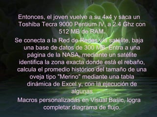 Entonces, el joven vuelve a su 4x4 y saca un
 Toshiba Tecra 9000 Pentium IV, a 2.4 Ghz con
                  512 MB de RAM.
Se conecta a la Red de Redes vía satélite, baja
    una base de datos de 300 MB. Entra a una
     página de la NASA, mediante un satélite
  identifica la zona exacta donde está el rebaño,
 calcula el promedio histórico del tamaño de una
      oveja tipo "Merino" mediante una tabla
     dinámica de Excel y, con la ejecución de
                       algunas
 Macros personalizadas en Visual Basic, logra
            completar diagrama de flujo.
 
