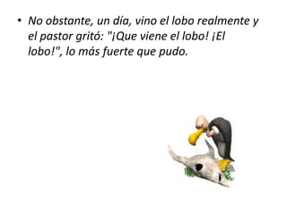 No obstante, un día, vino el lobo realmente y el pastor gritó: "¡Que viene el lobo! ¡El lobo!", lo más fuerte que pudo.
