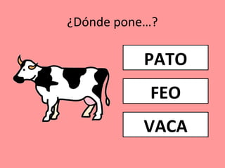 ¿Dónde pone…?
PATO
FEO
VACA
 