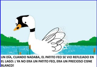 UN DÍA, CUANDO NADABA, EL PATITO FEO SE VIO REFLEJADO EN
EL LAGO: ¡ YA NO ERA UN PATITO FEO, ERA UN PRECIOSO CISNE
BLANCO!