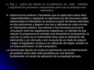 a.- Fija  o  radica  los  bienes  en  el  patrimonio  de  cada  individuo ( regulando los procesos o mecanismos para que se produzca esa radicación). b.- determina los poderes o facultades que el sujeto tiene sobre ellos ( describiéndolos y regulando su ejercicio).Las dos funciones están relacionadas el intercambio se produce a partir de bienes radicados en dos patrimonios y llegaron una vez a radicarse en cada uno por un intercambio anterior; esa relación d las funciones provoca la vinculación entre las regulaciones respectivas, un ejemplo de esa relación lo proporciona el contrato mas frecuente la compraventa, la cual por un parte es un instrumento típico para la realización del intercambio y por otra solo o con la ayuda de un modo de adquirir ( según el legislador) conduce a la radicación del objeto vendido en un nuevo patrimonio ( el del comprador). La mencionada fijación de cosas en patrimonios con la determinación de poderes sobre ellas está precedida por una decisión fundamental, el campo de aplicación de la propiedad privada. 