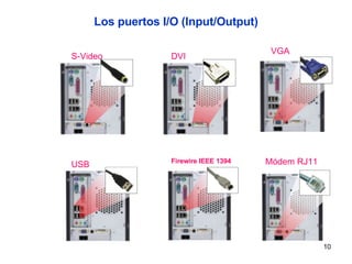 Los puertos I/O (Input/Output) S-Video DVI USB VGA Firewire IEEE 1394 Módem RJ11 